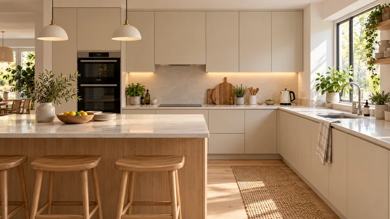 IKEA METOD kitchen with HAVSTORP matt beige fronts, a timber island and greenery