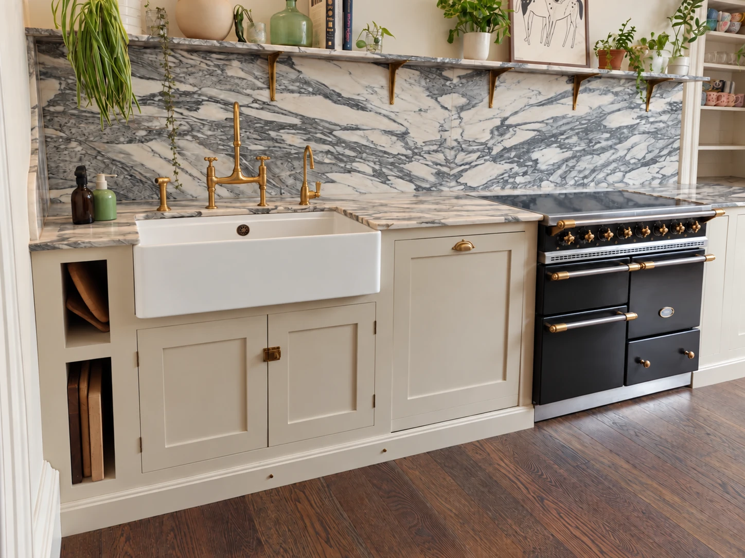 Painted bespoke kitchen cabinetry with a marble splashback, brass taps and range cooker